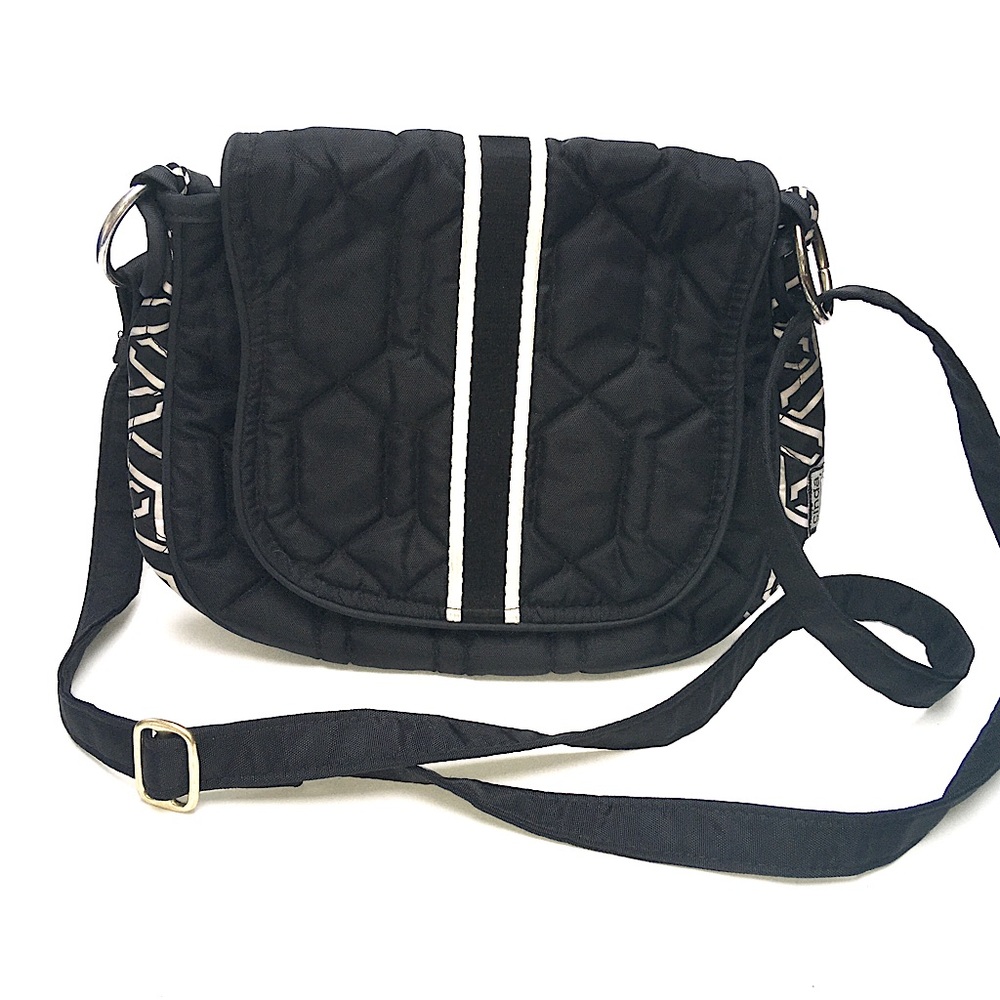 -SOLD-Cinda b Black and White Striped Saddle Bag YS